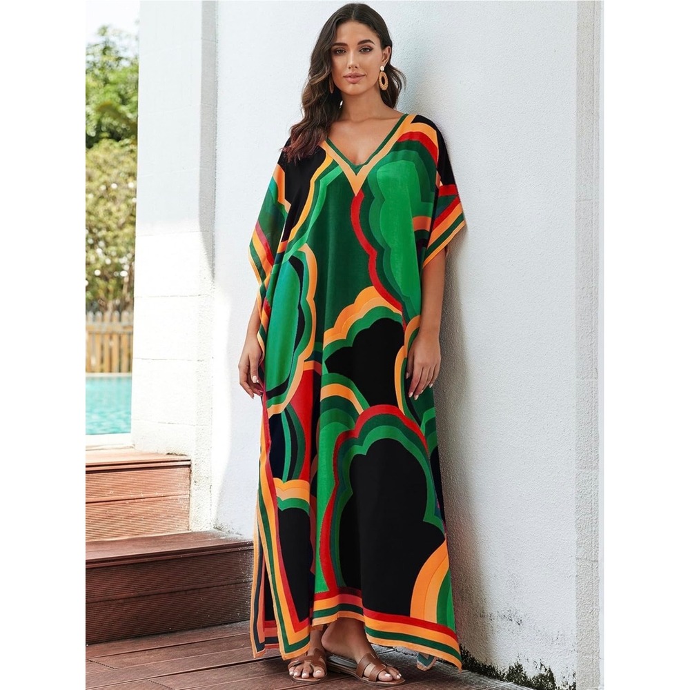 Women Geometric Print Kaftan Maxi Dress V-Neck Resort Beach Coverup Green Orange